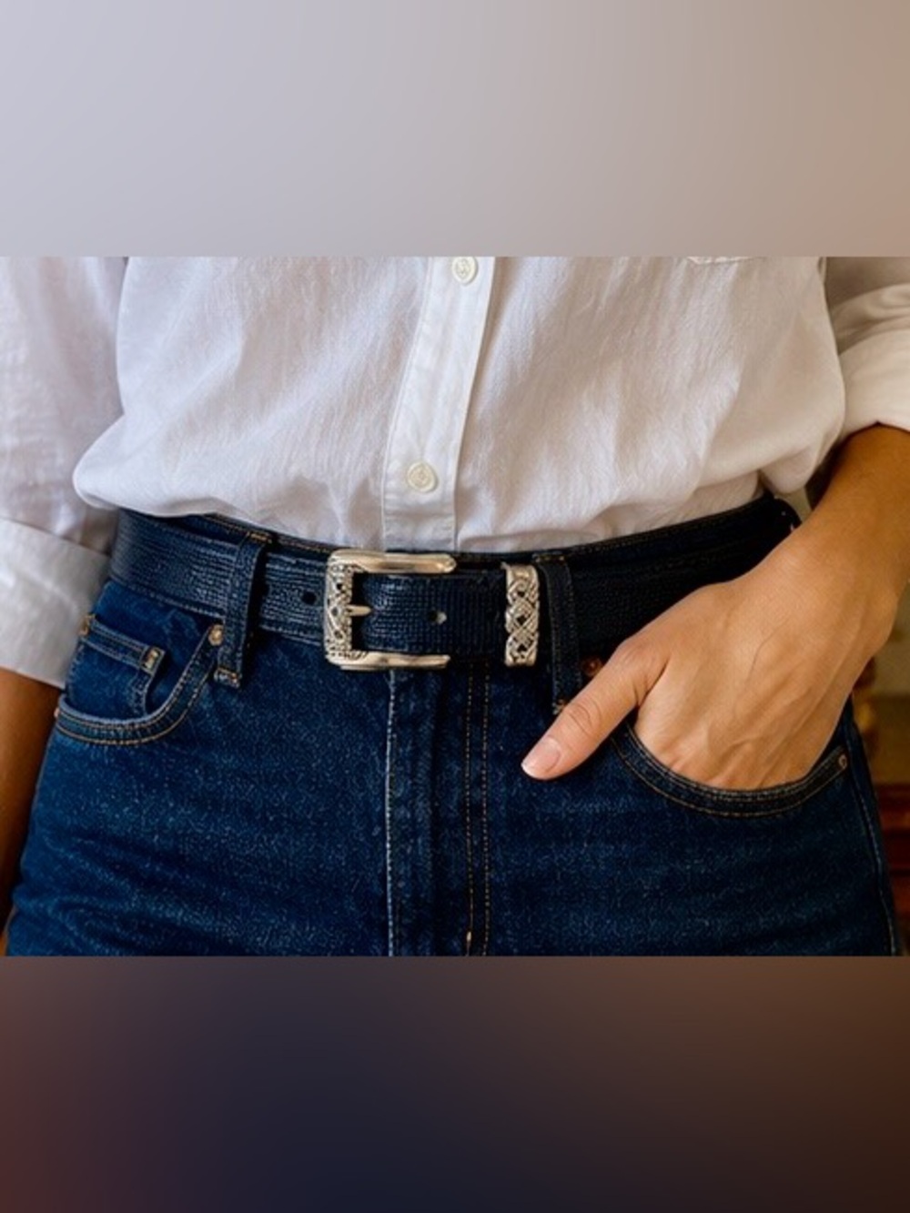 Vintage Brighton Dark Navy Textured Belt – Silver Basket Weave Buckle – Size M